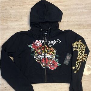 Ed Hardy Black Graphic Zip-Up Hoodie with Tiger & Rose Motif—XL—NWT